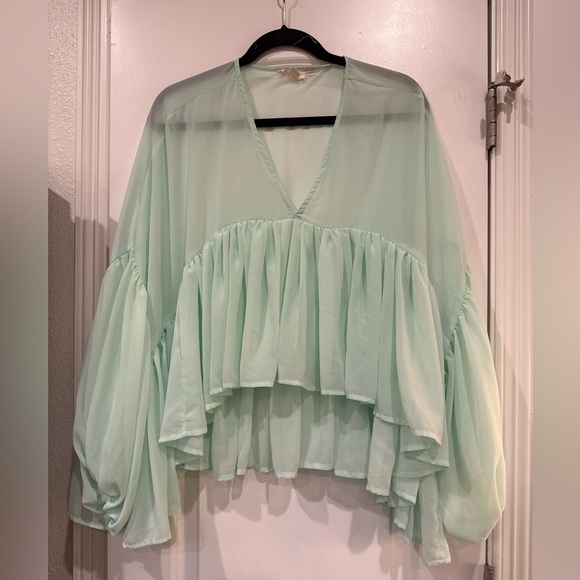 Free People Tops - Women's Mint Chiffon V-Neck Ruffled Blouse